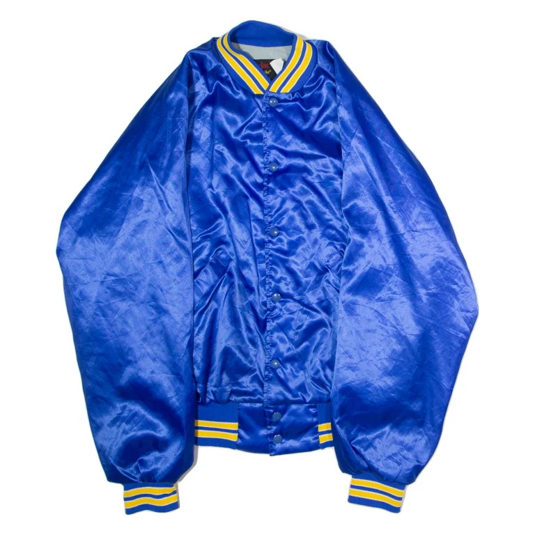 PLA JAC BY DUNBROOKE Village Meats And Deli Mens Bomber Jacket Blue Satin Nylon 80s USA L