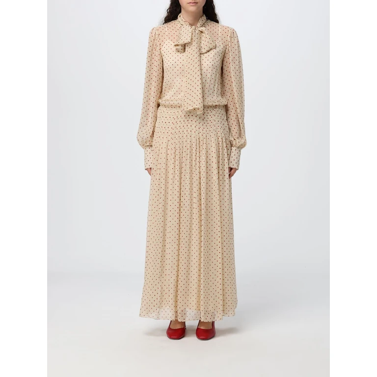 Papavero Polka-Dot Chiffon Maxi Chemisier Dress with Pussy-Bow Collar (PAPAVEROLONGDRESSSILK)