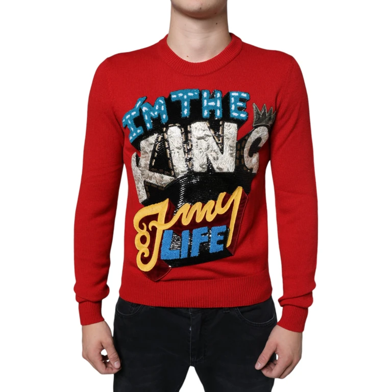 Dolce & Gabbana Red Im The King Wool Crew Neck Sweatshirt Sweater Virgin Clothing - Men