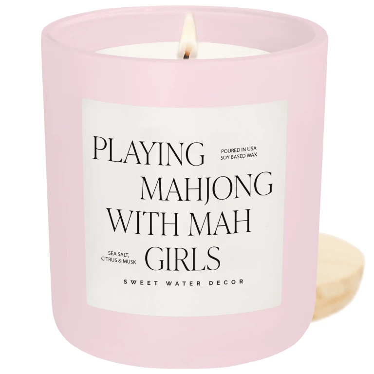 Playing Mahjong with Mah Girls Soy Candle - Pink Matte Jar - 15 oz (Salt and Sea)