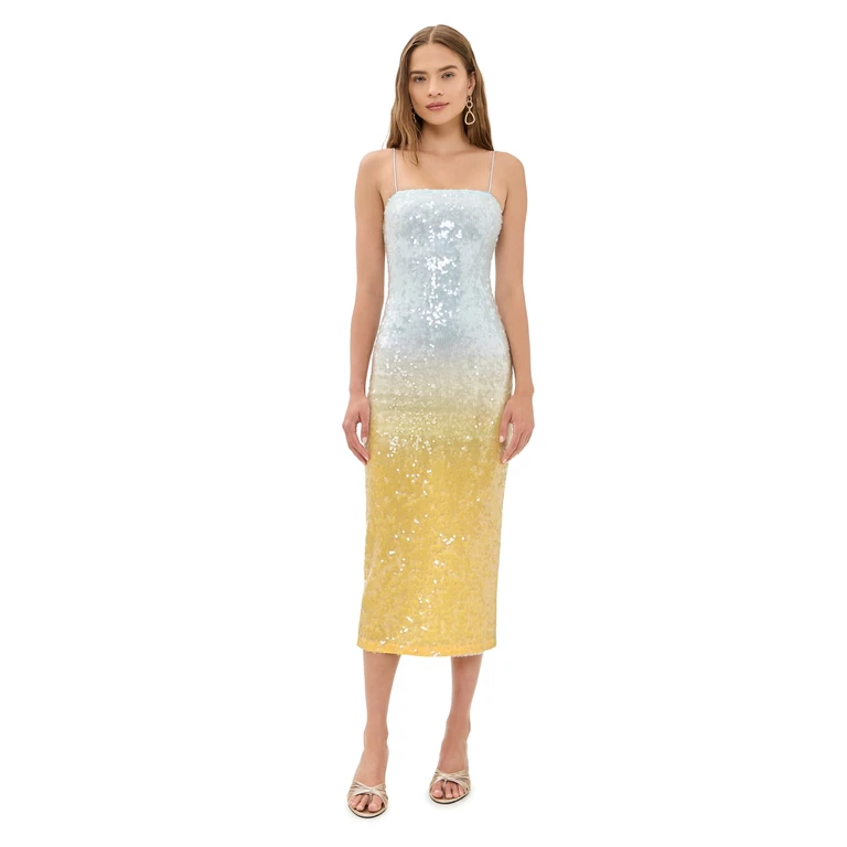 ALICE + OLIVIA Fifi Sequin Fitted Midi Cami Dress Clear Skies 12