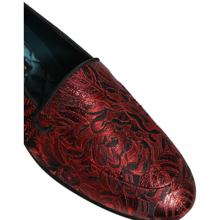 Dolce & Gabbana Red Floral Jacquard Slip On Loafers Shoes Leather - Men