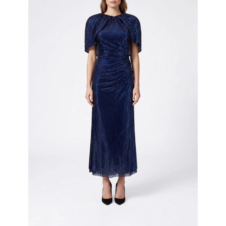Draped Beaded Short-Sleeve Midi Ceremony Dress (PF26054MNNAVY)