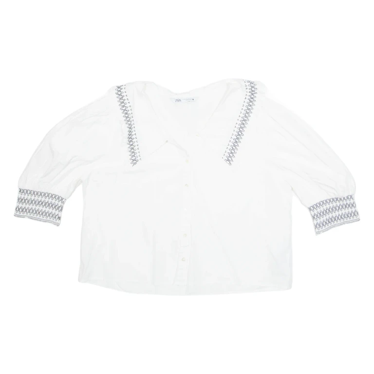 ZARA Womens Printed Blouse White Collared 3/4 Sleeve M
