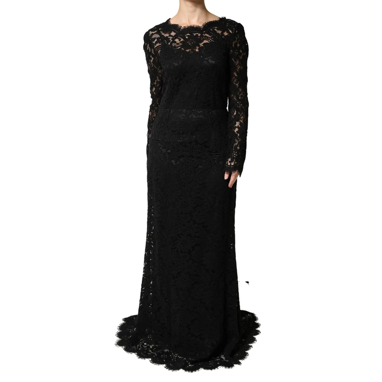Dolce & Gabbana Black Lace Long Sleeves Cotton Maxi Dress Nylon Viscose - Women