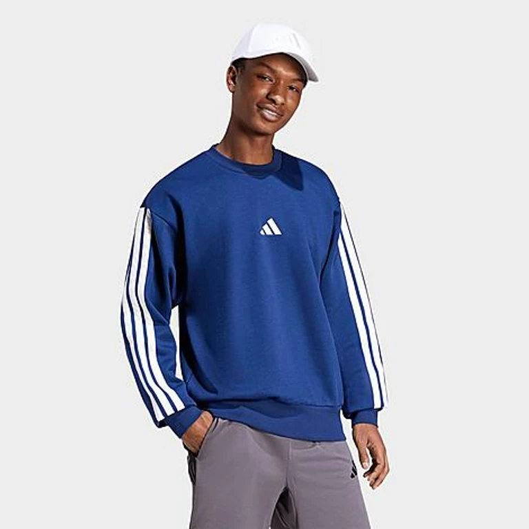 adidas Men's Essentials 3-Stripes Fleece Crewneck Sweatshirt in Dark Blue/White Size: XS