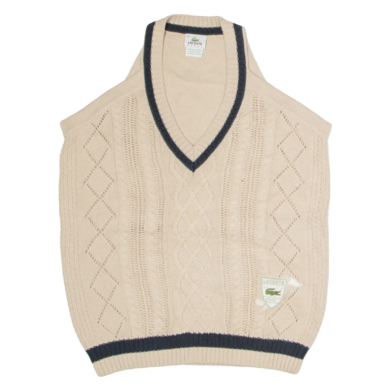 LACOSTE Mens Vest Beige V-Neck Cable Knit Sleeveless Wool L
