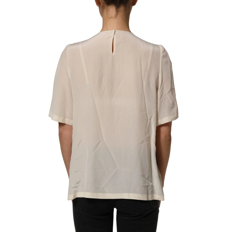 Dolce & Gabbana Beige Lace Trim Bow Short Sleeves Blouse Top - Women