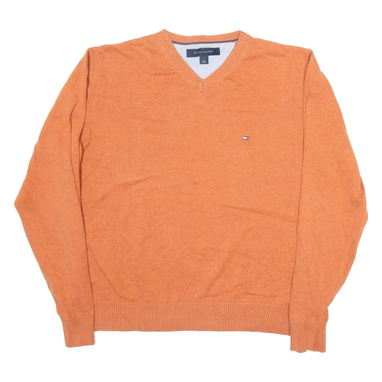 TOMMY HILFIGER Mens Jumper Orange V-Neck Tight Knit M