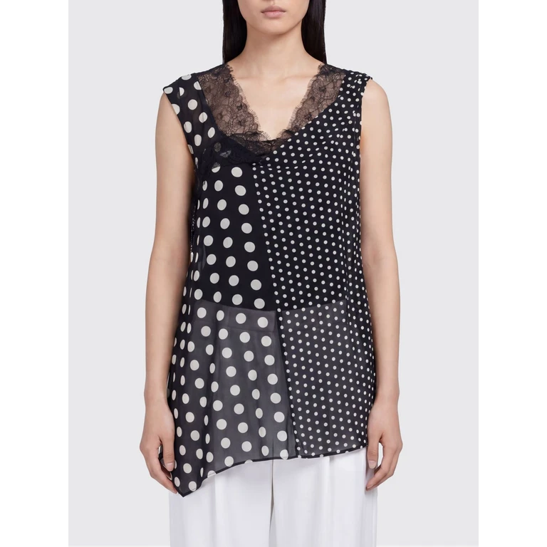 Asymmetric Polka Dot Polyester Top with Lace Inserts (JQO0210511)