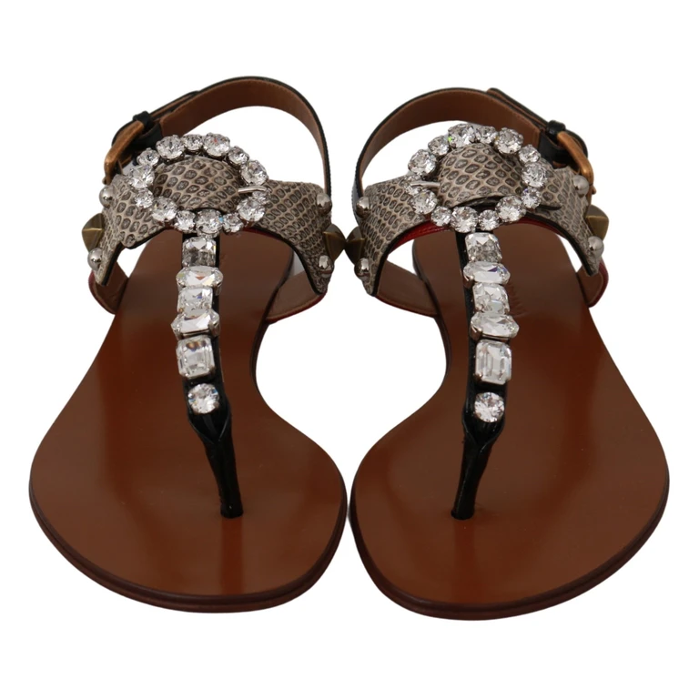 Dolce & Gabbana Leather Ayers Crystal Sandals Flip Flops Shoes Brown - Women
