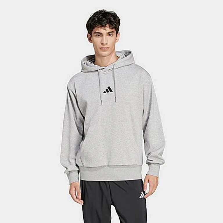 adidas Men's Essentials Feelcozy Fleece Pullover Hoodie in Medium Grey Heather/Black Size: Small