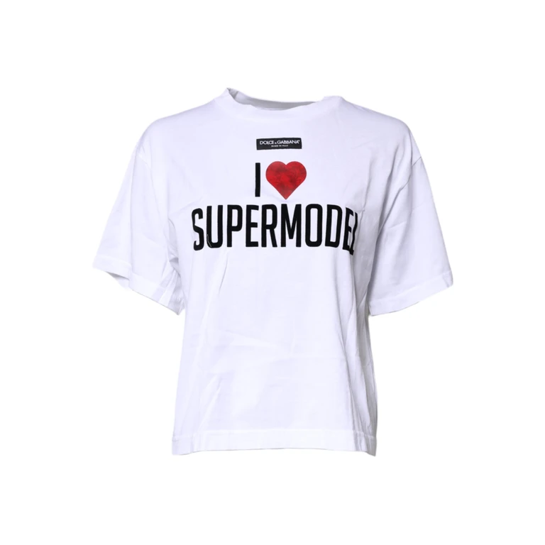 Dolce & Gabbana White Printed Round Neck Top Cotton T-Shirt - Women