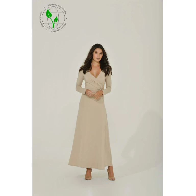 Beige Long Sleeve Maxi Dress w/ High Slit