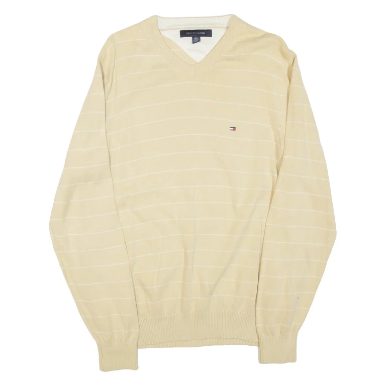 TOMMY HILFIGER Mens Patterned Jumper Yellow Striped V-Neck Tight Knit M
