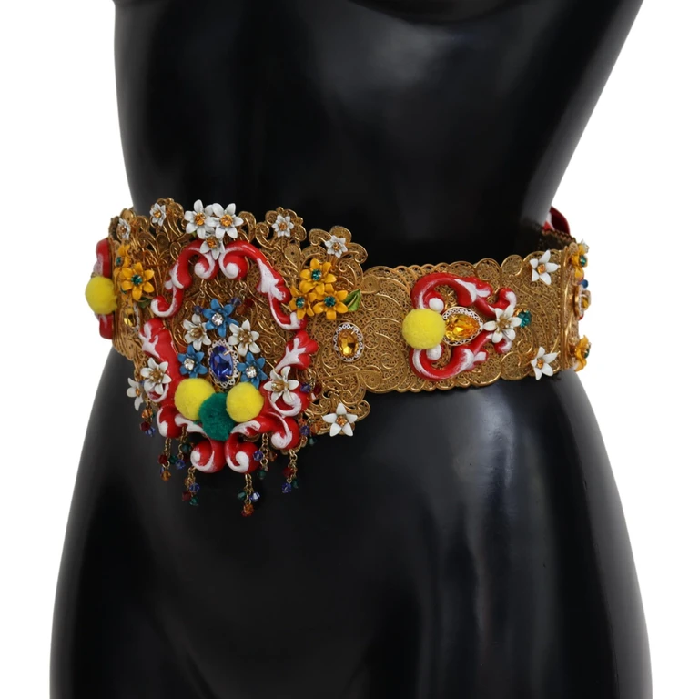 Dolce & Gabbana Embellished Floral Crystal Wide Waist Carretto Belt Gold Nylon - Women