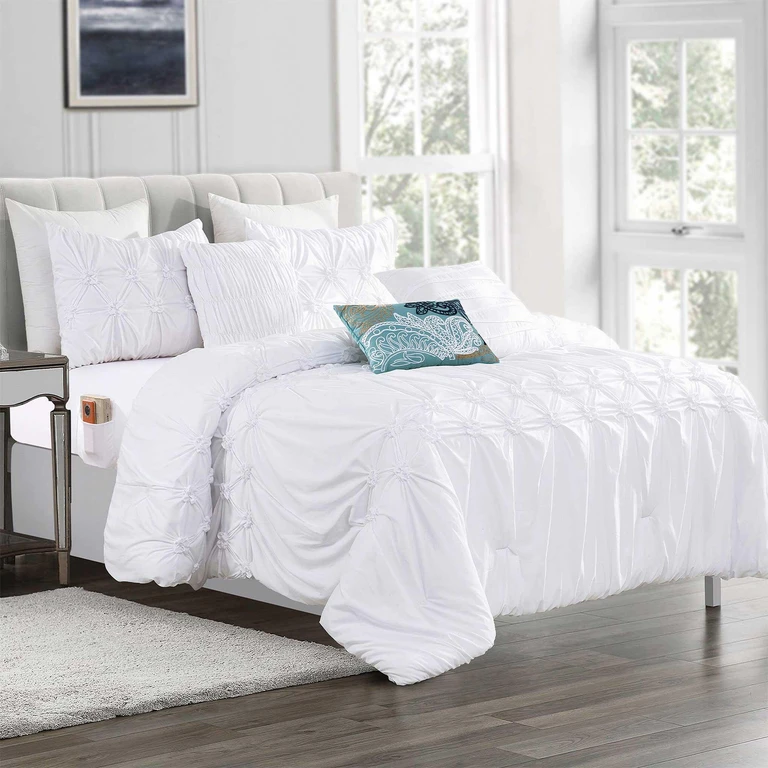 12-Piece Ella Pleated Ruched Pintuck Comforter Set, Includes 6-Piece Sheet Set with Double Sided Storage Pockets