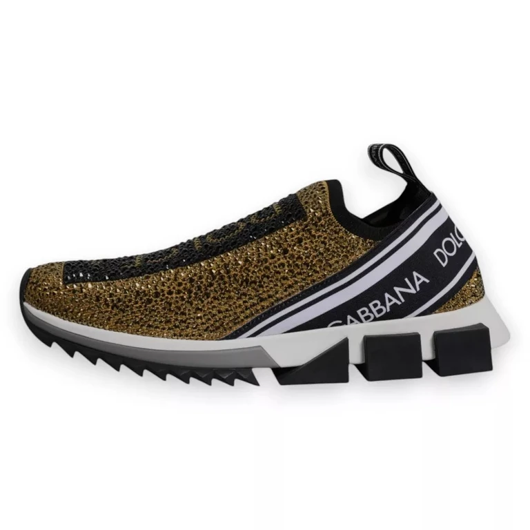 Dolce & Gabbana Gold Rhinestones Sorrento Sneakers Shoes Black - Men