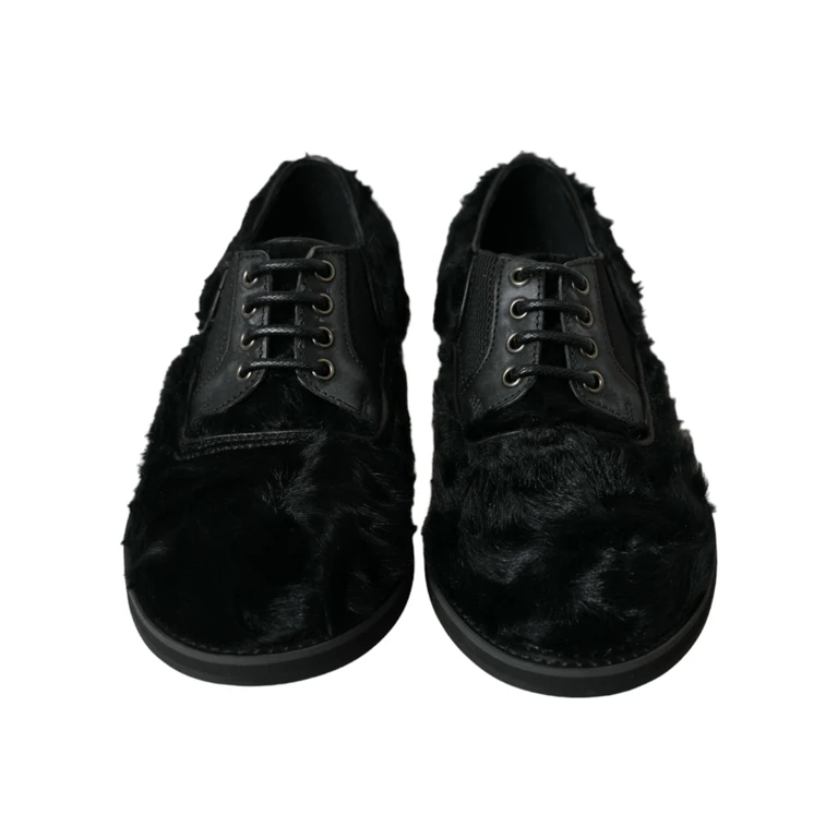 Dolce & Gabbana Black Fur Leather Lace Up Derby Dress Shoes - Men