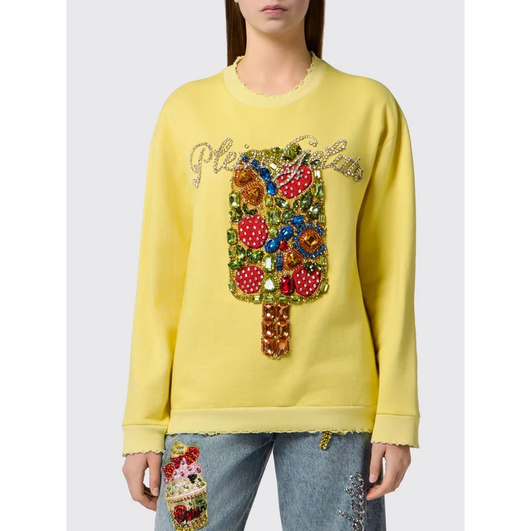 Cotton Crewneck Sweatshirt with Frayed Hem and Rhinestone Logo (PAFCWJO1115PTE180N09)