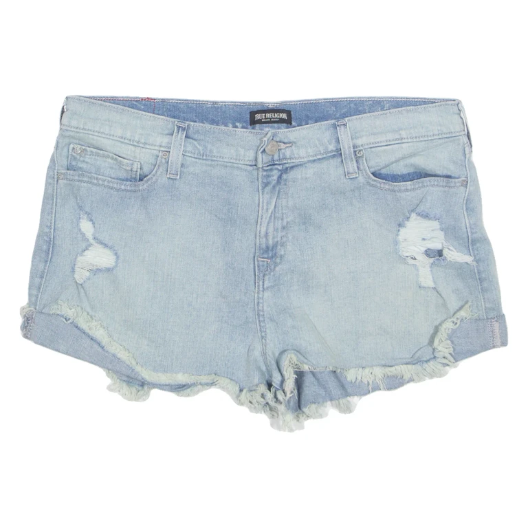 TRUE RELIGION Cut Off Distressed Womens Denim Shorts Blue L W36