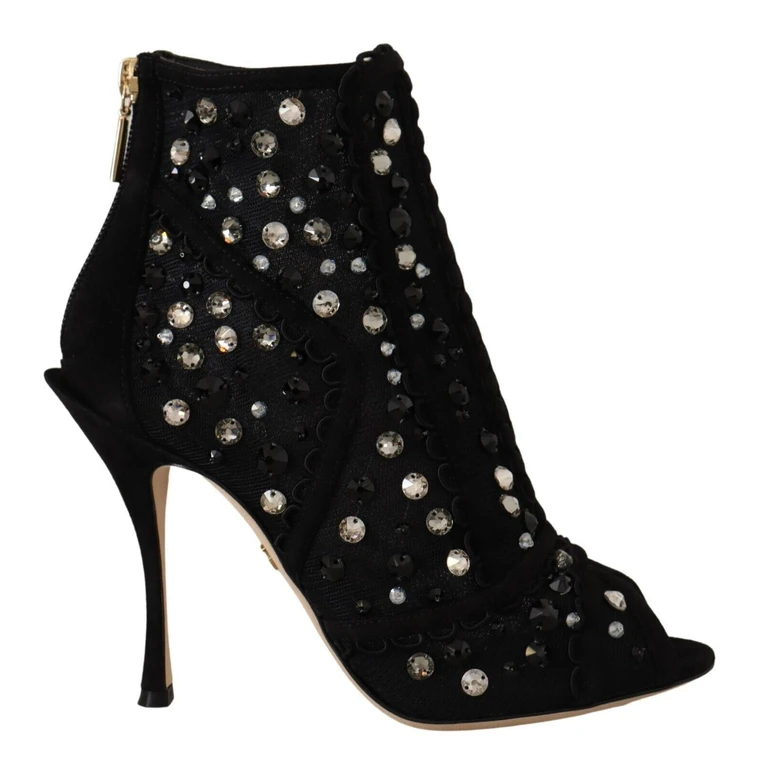 Dolce & Gabbana Black Crystals Heels Zipper Short Boots Shoes Nylon - Women