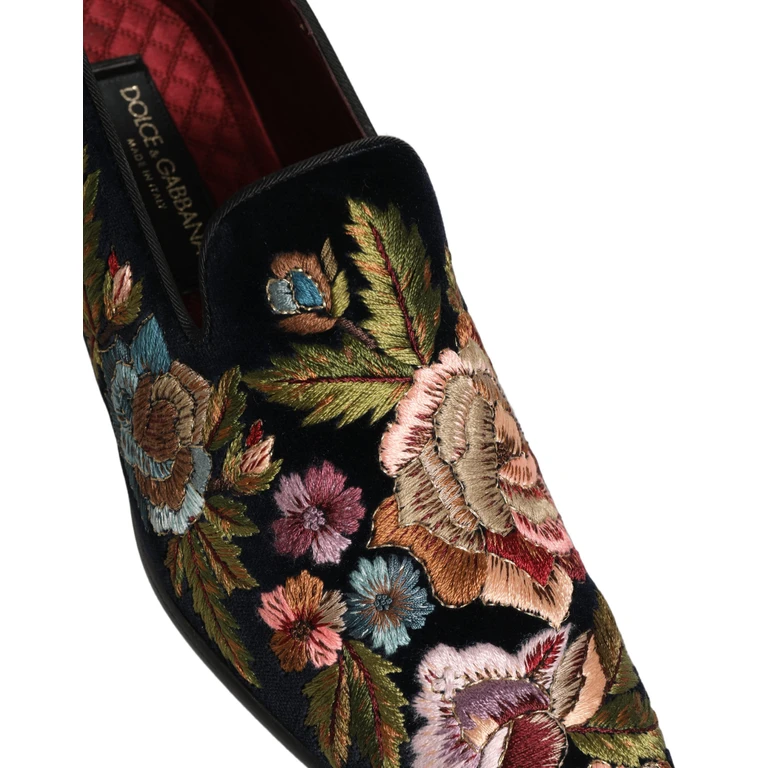 Dolce & Gabbana Black Velvet Floral Embroidery Loafers Shoes Leather - Men