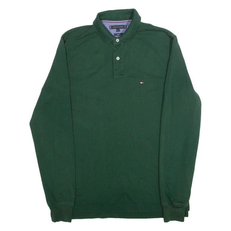 TOMMY HILFIGER Regular Fit Mens Polo Shirt Green Long Sleeve M