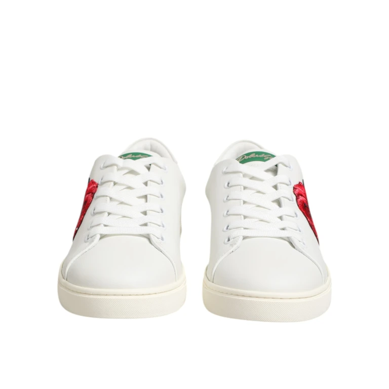 Dolce & Gabbana White Leather Rose Embroidery Low-Top Shoes Calf - Women