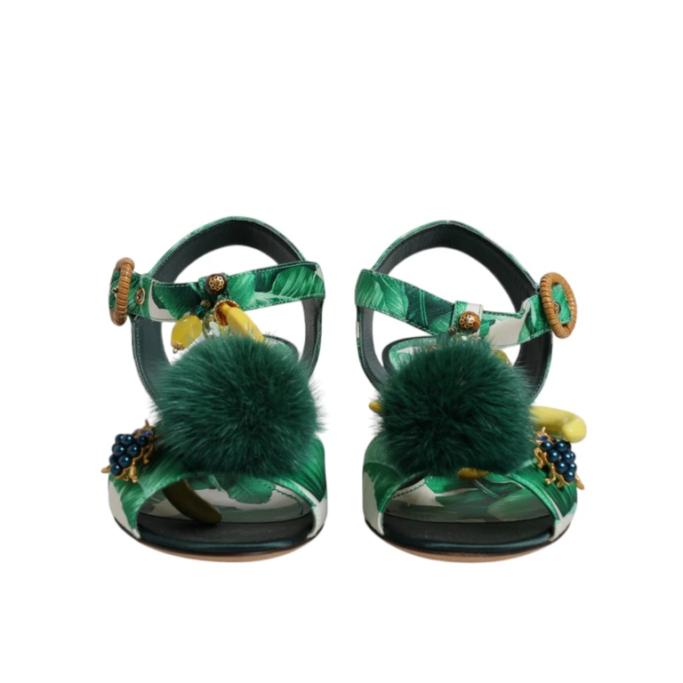 Dolce & Gabbana Green Crystal Fur Embellished Sandals Shoes Silk Hay Mink - Women