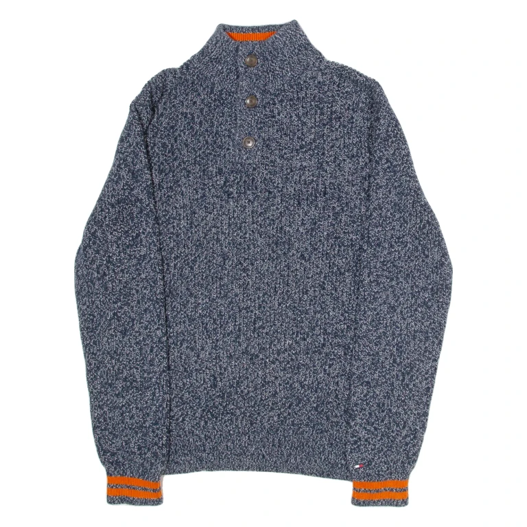 TOMMY HILFIGER Buttoned Neck Mens Jumper Blue Collared Tight Knit M