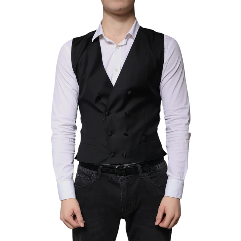 Dolce & Gabbana Black Wool Formal Dress Men Waistcoat Vest Virgin Silk Polyester - Men
