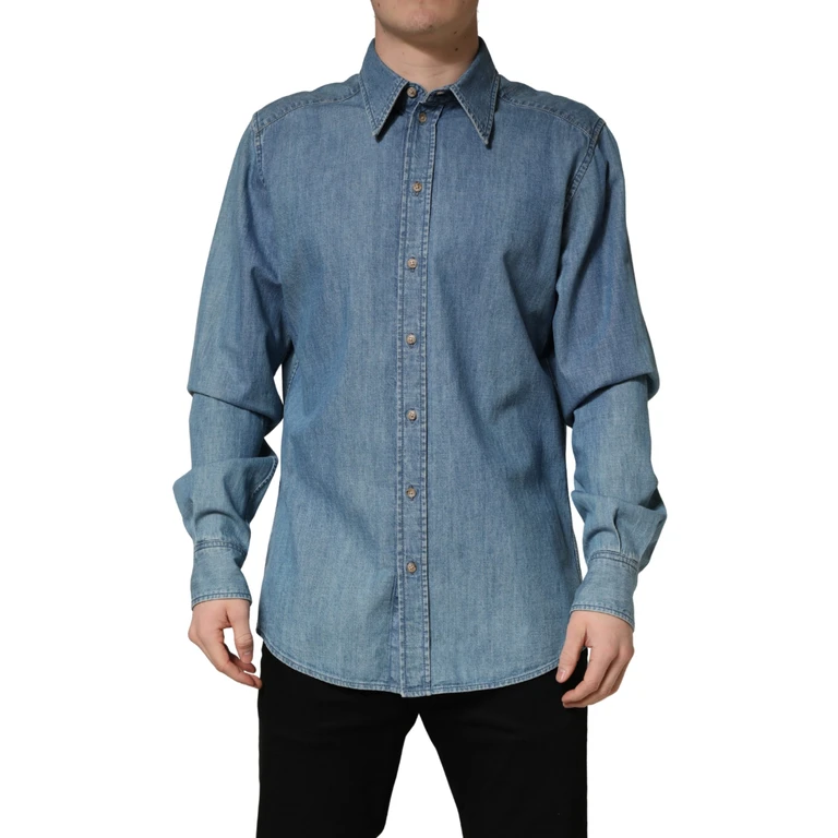 Dolce & Gabbana Blue Cotton Stretch Casual Denim Slim Shirt Elastane - Men