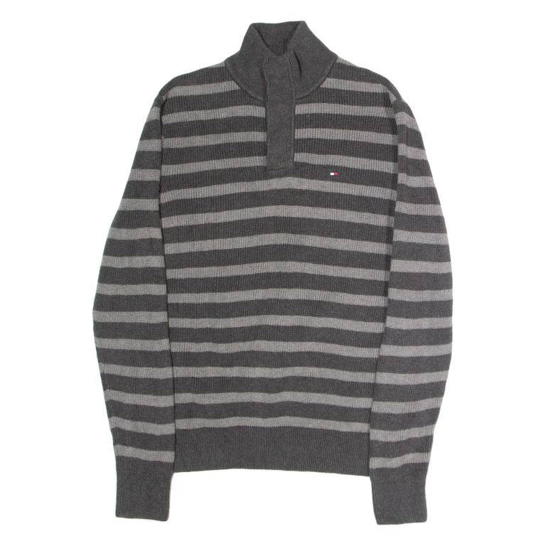 TOMMY HILFIGER Mens Patterned Jumper Grey Striped Button Neck Tight Knit M