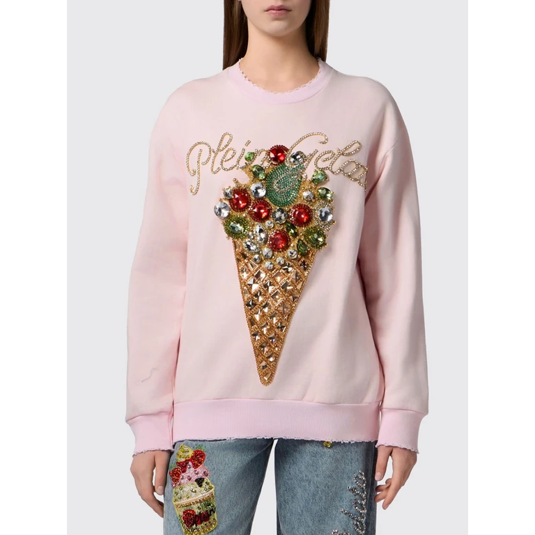 Relaxed Fit Cotton Sweatshirt with Frayed Hem and Rhinestone Logo (PAFCWJO1114PTE180N03)