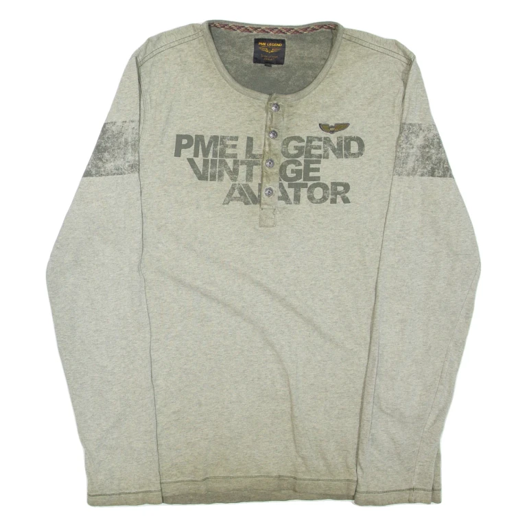 PME LEGEND Mens T-Shirt Grey Long Sleeve Button Neck L