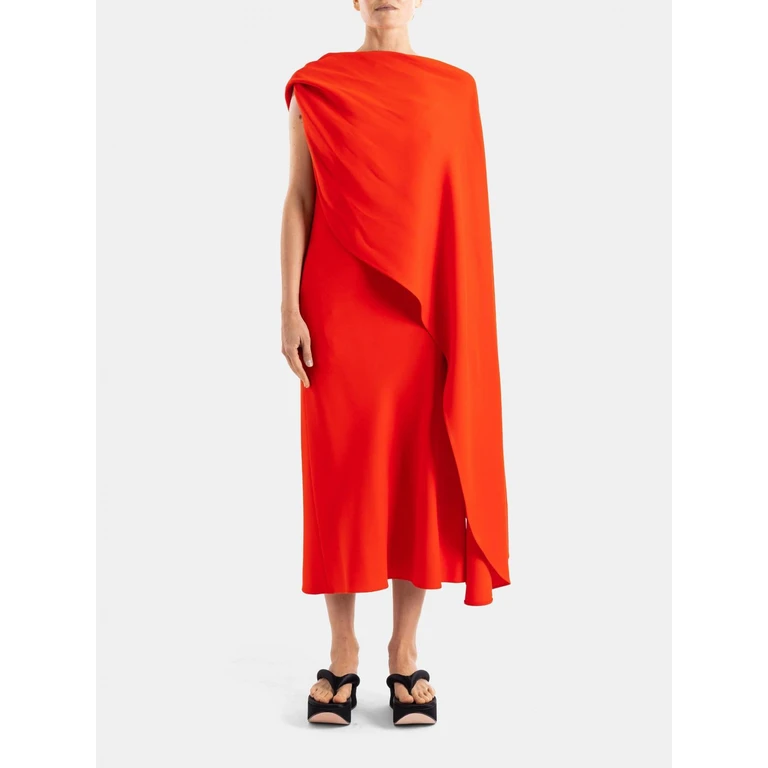 One-Shoulder Midi Evening Dress in Wool and Silk Crêpe (872272TUN343941)