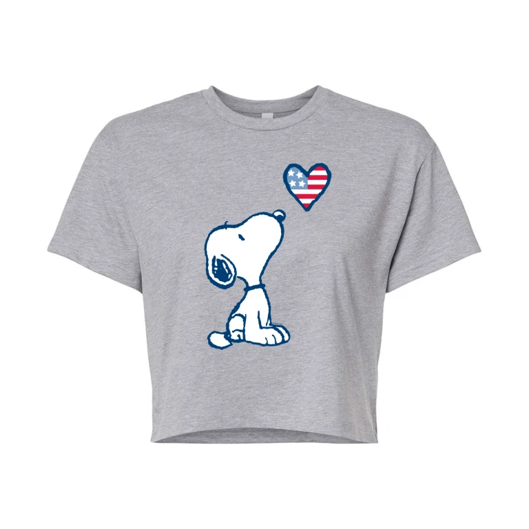 Snoopy Flag Heart - Juniors Cropped Graphic T-Shirt