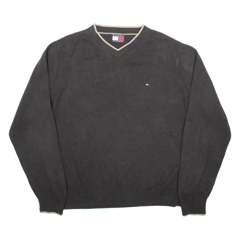 TOMMY HILFIGER Mens Jumper Brown V-Neck Tight Knit L