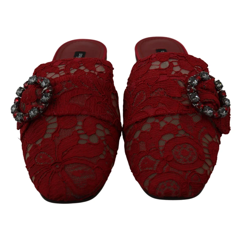 Dolce & Gabbana Red Lace Crystal Slide On Flats Shoes Cotton - Women
