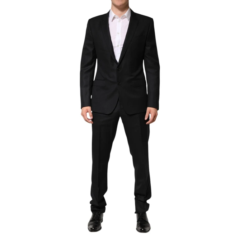 Black Jacquard Single Breasted 2 Piece Suit Virgin Wool Silk Cashmere - Men