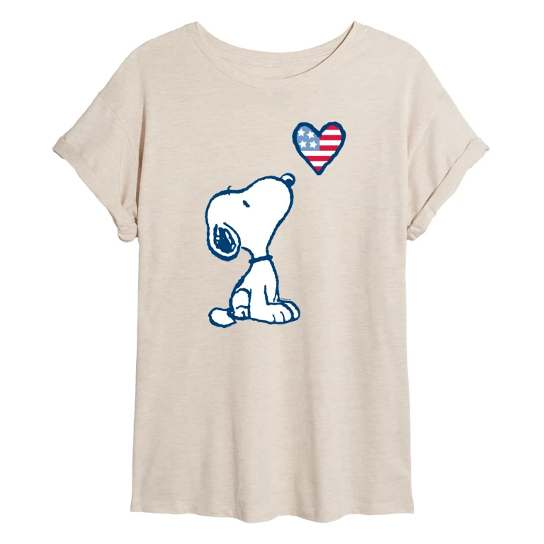 Snoopy Flag Heart - Juniors Oversized Graphic T-Shirt