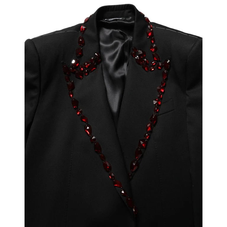 Dolce & Gabbana Black Crystal Embellished Coat Blazer Jacket Virgin Wool Silk Polyester Clothing - Men