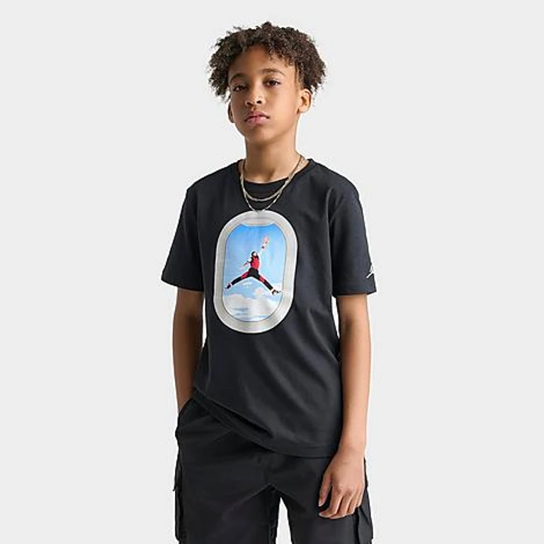Jordan Big Kids Plane Window Graphic T-Shirt in Black Size: Small