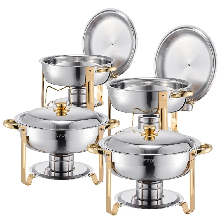 5 Qt 4 Pack Round Chafing Dish Buffet Set Full-Size Pan Stainless Steel Gold - Silver 1