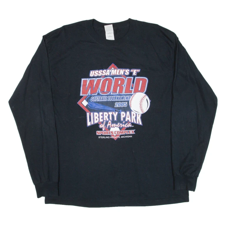 GILDAN World Softball Tournament 2005 Mens T-Shirt Black Long Sleeve USA L