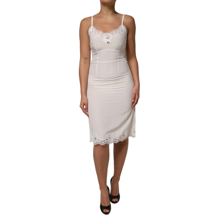 Dolce & Gabbana White Lace Gold Dg Logo Silk Dress Sleepwear Cotton Nylon Elastane - Women