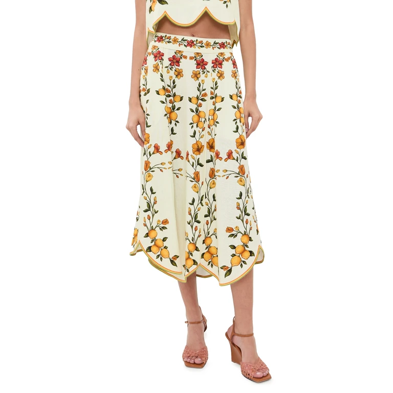 FARM Rio Scalloped Midi Skirt Lemon Bouquet Off-White XL