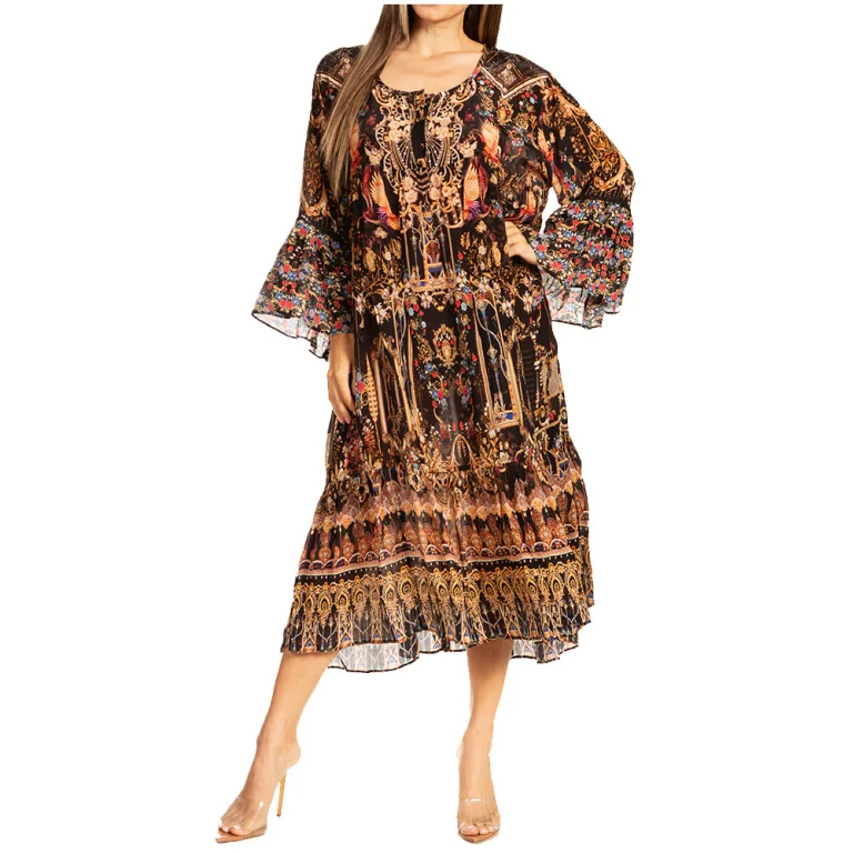 Sakkas Womens 3/4 Ruffled Sleeves Henley Neck Summer Short Flowy Dress/Beachwear
