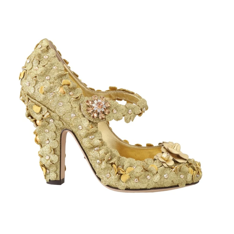 Dolce & Gabbana Gold Floral Crystal Mary Janes Pumps Cotton - Women